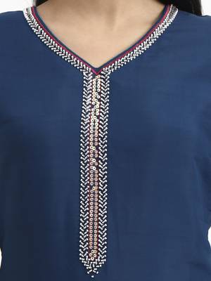  navy blue solid straight style chanderi silk lining kurta trouser dupatta set 4