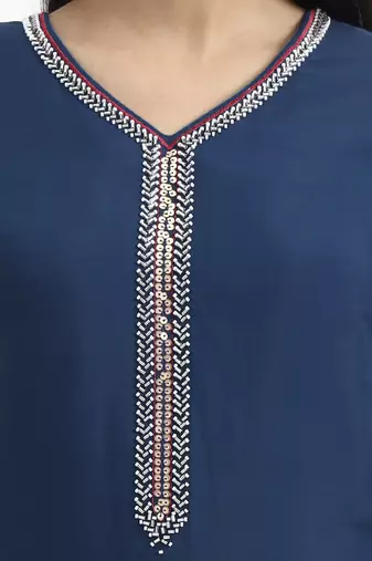  navy blue solid straight style chanderi silk lining kurta trouser dupatta set