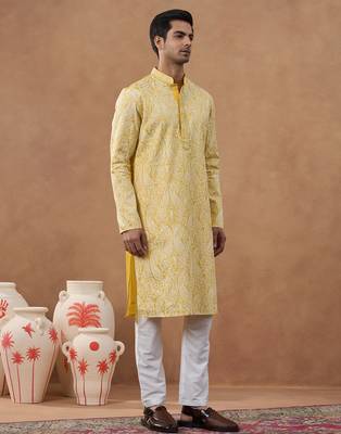 Yellow cotton silk embroidered kurta for men's 3