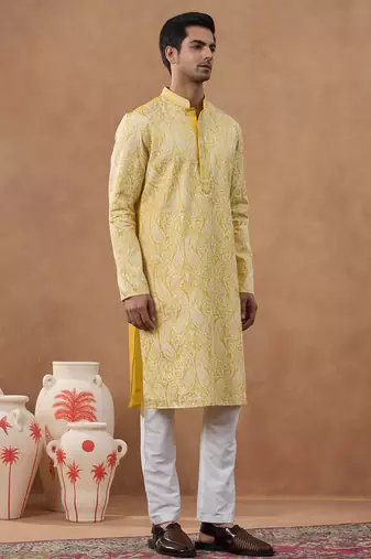 Yellow cotton silk embroidered kurta for men's