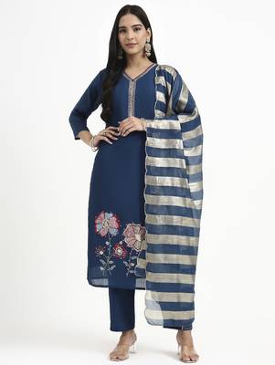  navy blue solid straight style chanderi silk lining kurta trouser dupatta set 5