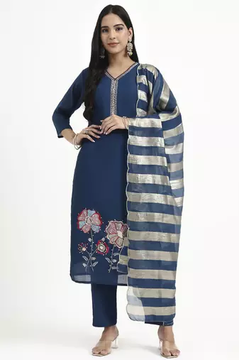 navy blue solid straight style chanderi silk lining kurta trouser dupatta set