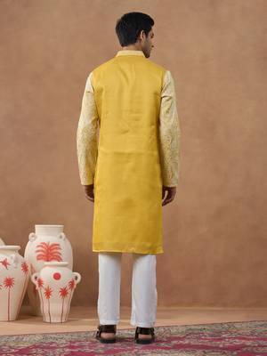 Yellow cotton silk embroidered kurta for men's 4