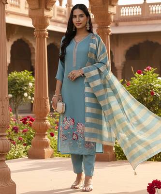  turquoise blue solid straight style chanderi silk lining kurta trouser dupatta set 1