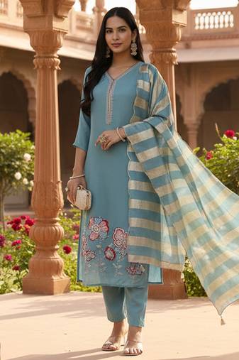 Yufta turquoise blue solid straight style chanderi silk lining kurta trouser dupatta set