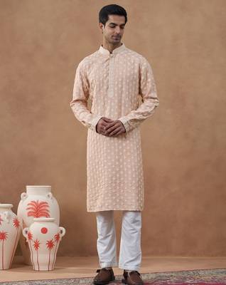 Pink cotton silk embroidered kurta for men's 1