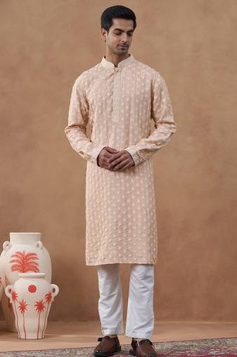 Pink cotton silk embroidered kurta for men's