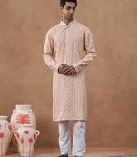Pink cotton silk embroidered kurta for men's