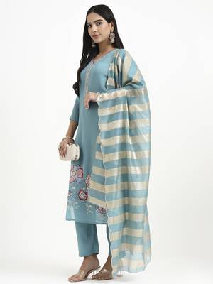  turquoise blue solid straight style chanderi silk lining kurta trouser dupatta set 2