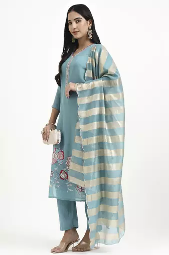  turquoise blue solid straight style chanderi silk lining kurta trouser dupatta set