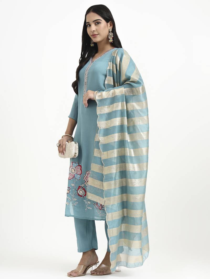 Yufta turquoise blue solid straight style chanderi silk lining kurta trouser dupatta set