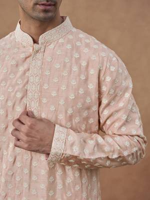 Pink cotton silk embroidered kurta for men's 2