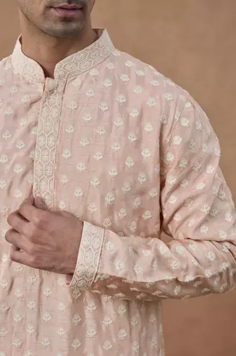 Pink cotton silk embroidered kurta for men's