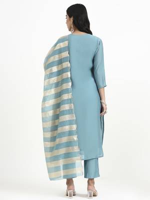  turquoise blue solid straight style chanderi silk lining kurta trouser dupatta set 3
