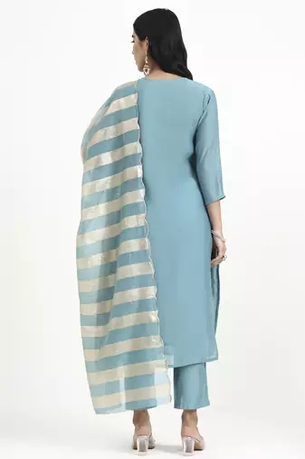  turquoise blue solid straight style chanderi silk lining kurta trouser dupatta set