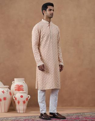 Pink cotton silk embroidered kurta for men's 3