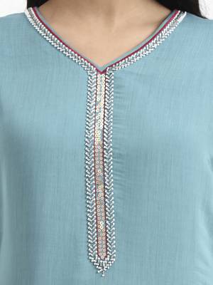  turquoise blue solid straight style chanderi silk lining kurta trouser dupatta set 4
