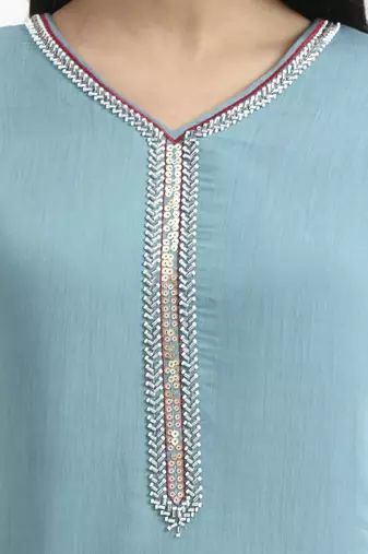  turquoise blue solid straight style chanderi silk lining kurta trouser dupatta set