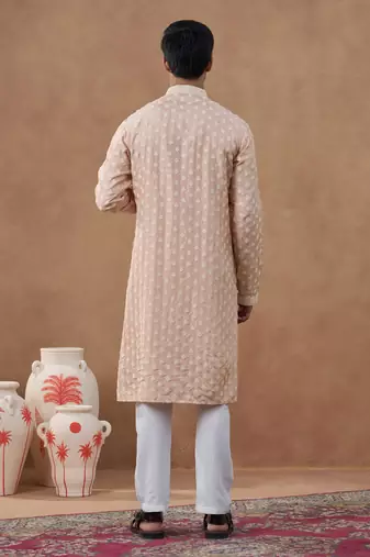 Pink cotton silk embroidered kurta for men's