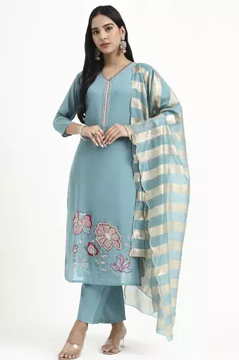  turquoise blue solid straight style chanderi silk lining kurta trouser dupatta set