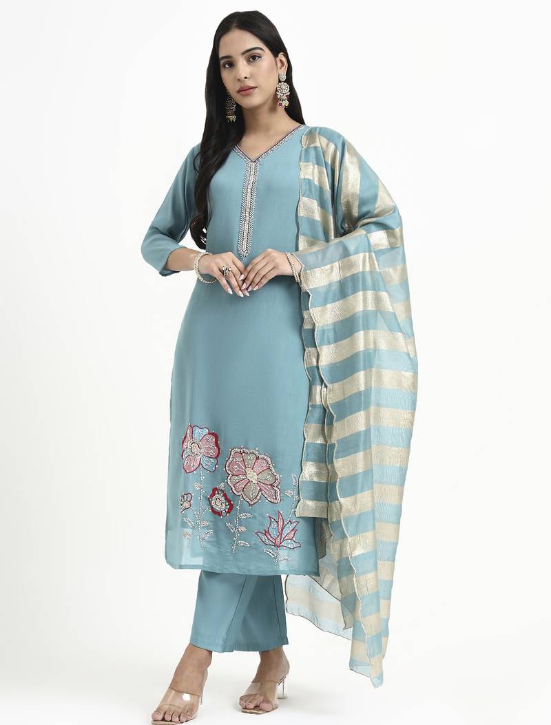 Yufta turquoise blue solid straight style chanderi silk lining kurta trouser dupatta set