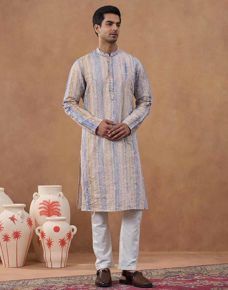 Beige cotton silk embroidered kurta for men's