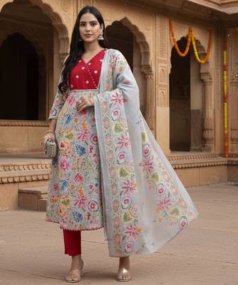  grey lensing a line latest yoke design kurta pant dupatta set 1