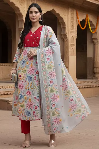 Yufta grey lensing a line latest yoke design kurta pant dupatta set