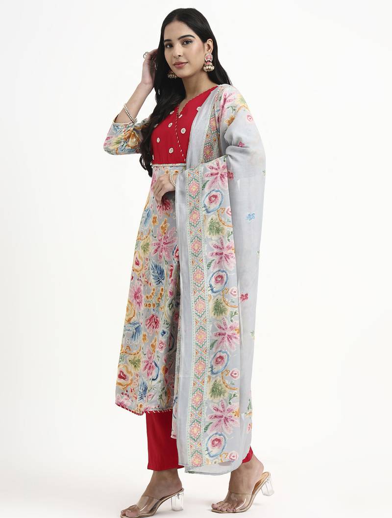 Yufta grey lensing a line latest yoke design kurta pant dupatta set