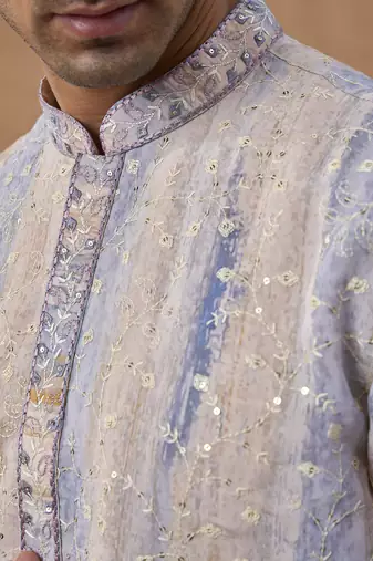 Beige cotton silk embroidered kurta for men's
