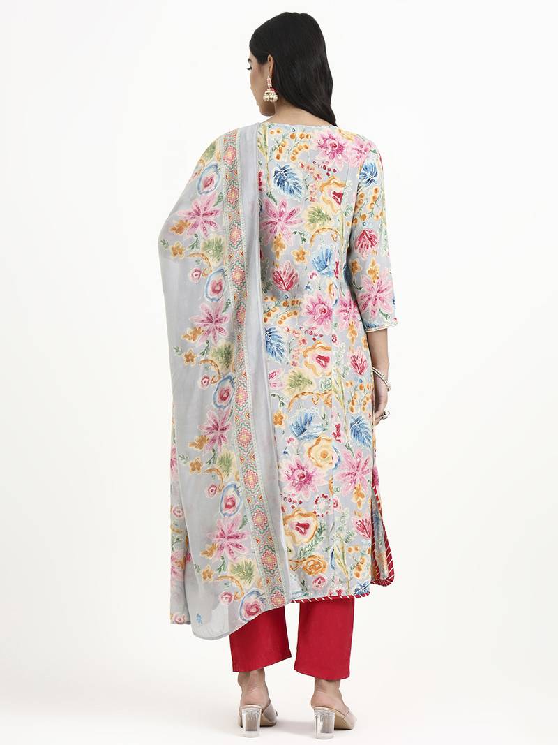 Yufta grey lensing a line latest yoke design kurta pant dupatta set