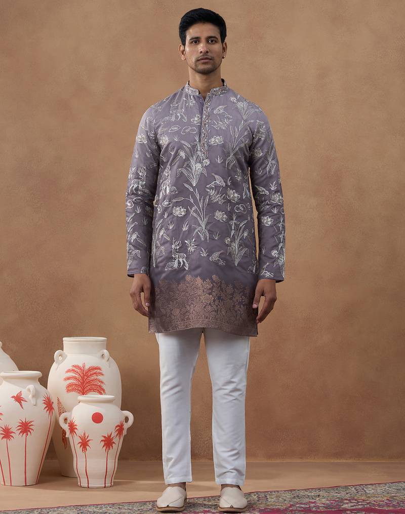Pink cotton silk embroidered kurta for men's