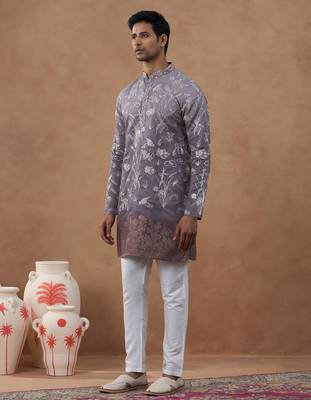 Pink cotton silk embroidered kurta for men's 3