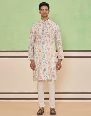 Beige cotton silk plain kurta for men's 1