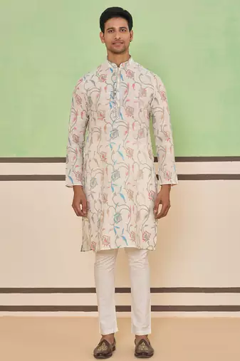 Beige cotton silk plain kurta for men's