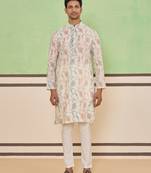 Beige cotton silk plain kurta for men's
