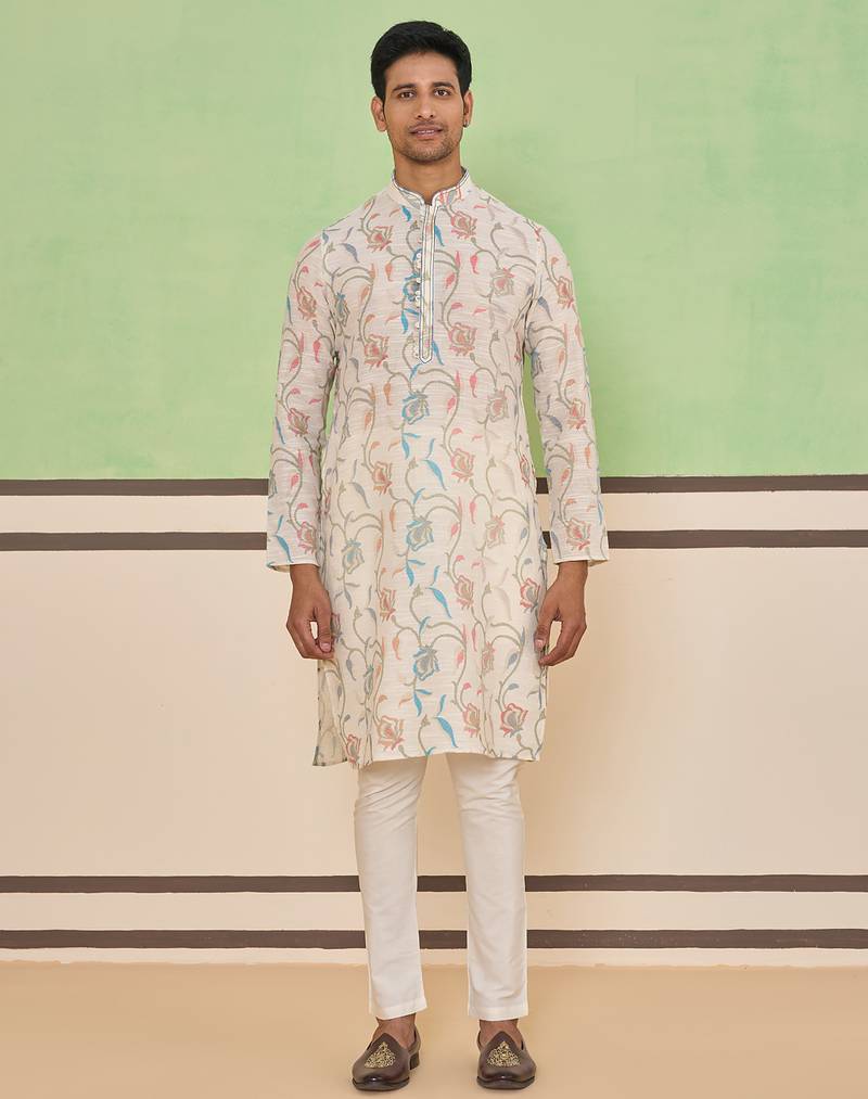 Beige cotton silk plain kurta for men's