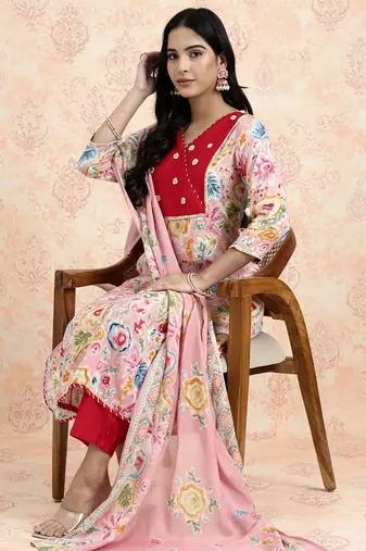 Yufta pink lensing a line latest yoke design kurta pant dupatta set