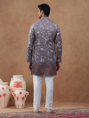 Pink cotton silk embroidered kurta for men's 4
