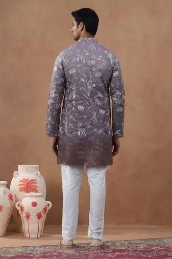 Pink cotton silk embroidered kurta for men's