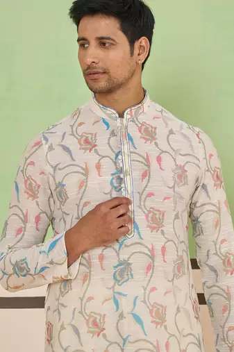 Beige cotton silk plain kurta for men's