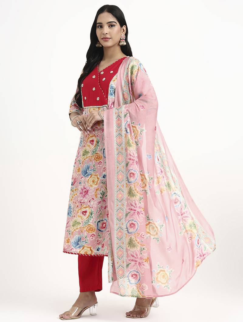 Yufta pink lensing a line latest yoke design kurta pant dupatta set