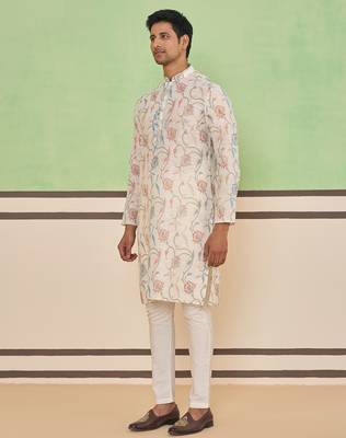 Beige cotton silk plain kurta for men's 3