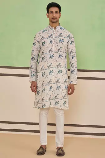 Beige cotton silk plain kurta for men's