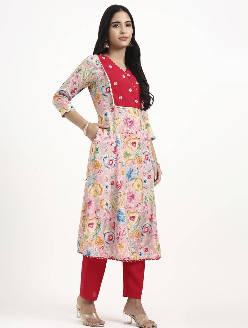 Yufta pink lensing a line latest yoke design kurta pant dupatta set