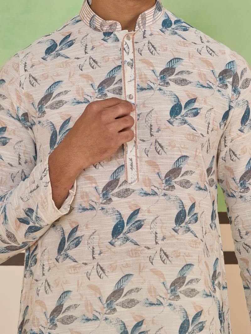 Beige cotton silk plain kurta for men's