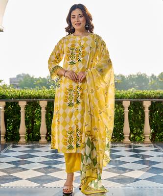  yellow floral and geometric a-line button yoke design kurta trouser dupatta set 1