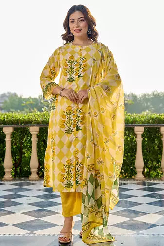 Yufta yellow floral and geometric a-line button yoke design kurta trouser dupatta set