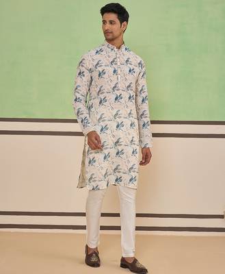 Beige cotton silk plain kurta for men's 3