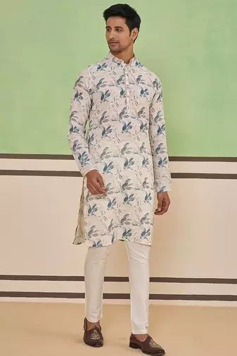 Beige cotton silk plain kurta for men's